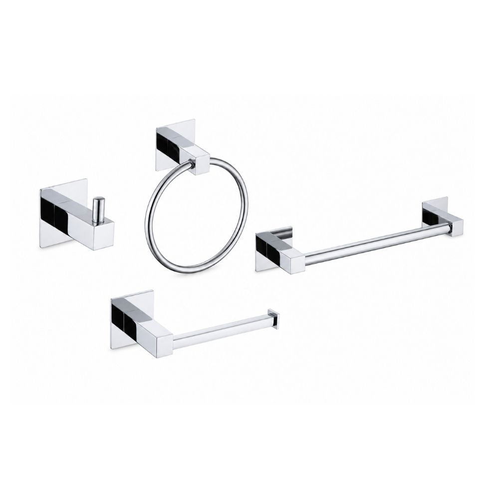 Set de Accesorios de Baño 4 Piezas Adosado Trebol Grazia Cuadrado Cromado