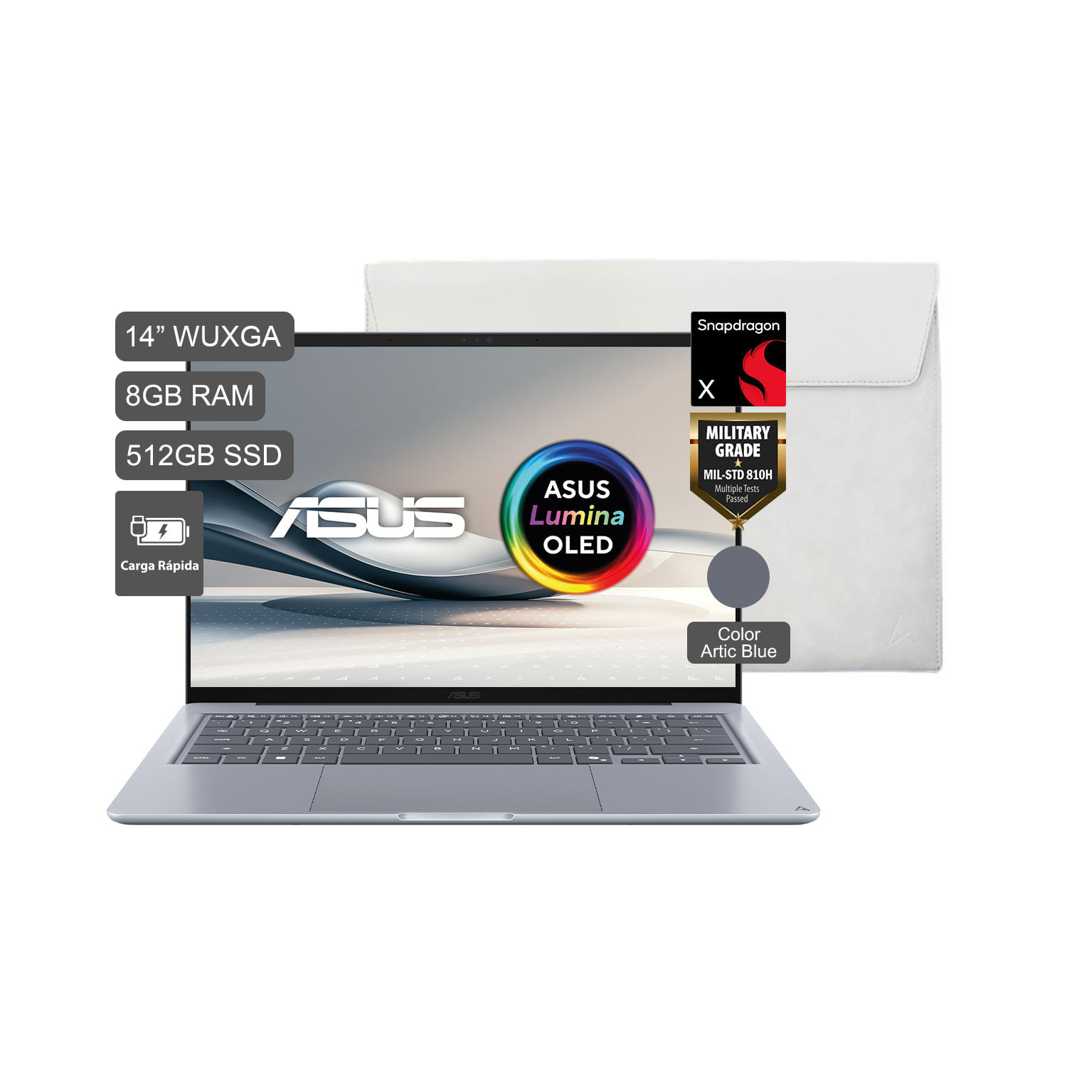 Laptop ASUS 14" Oled Artic Blue UX3480QA-U1130W X1-Plus 8GB 512GB + Funda