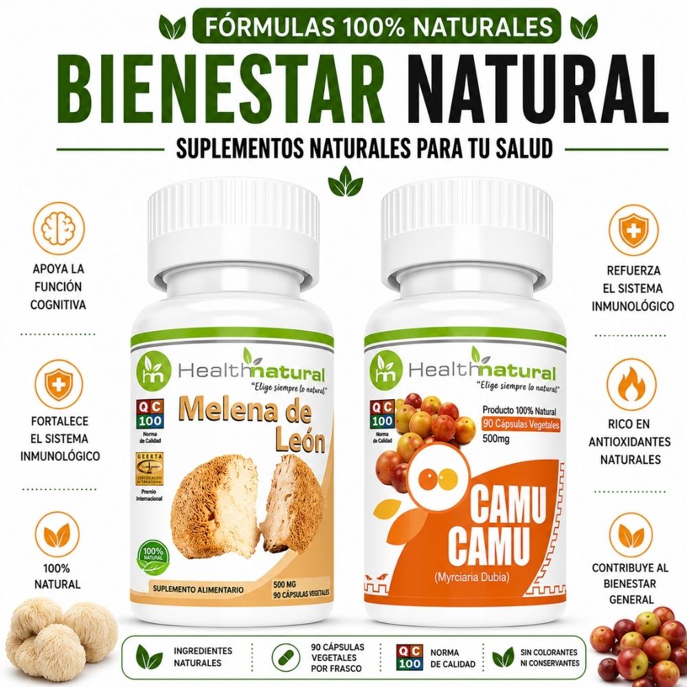 MELENA DE LEÓN HEALTHNATURAL 500MG Y CAMU CAMU HEALTHNATURAL 500MG