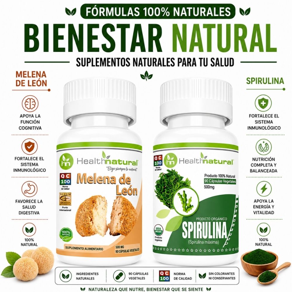 MELENA DE LEÓN HEALTHNATURAL 500MG Y SPIRULINA HEALTHNATURAL 500MG