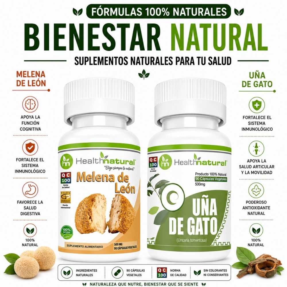 MELENA DE LEÓN HEALTHNATURAL 500MG Y UÑA DE GATO HEALTHNATURAL 500MG