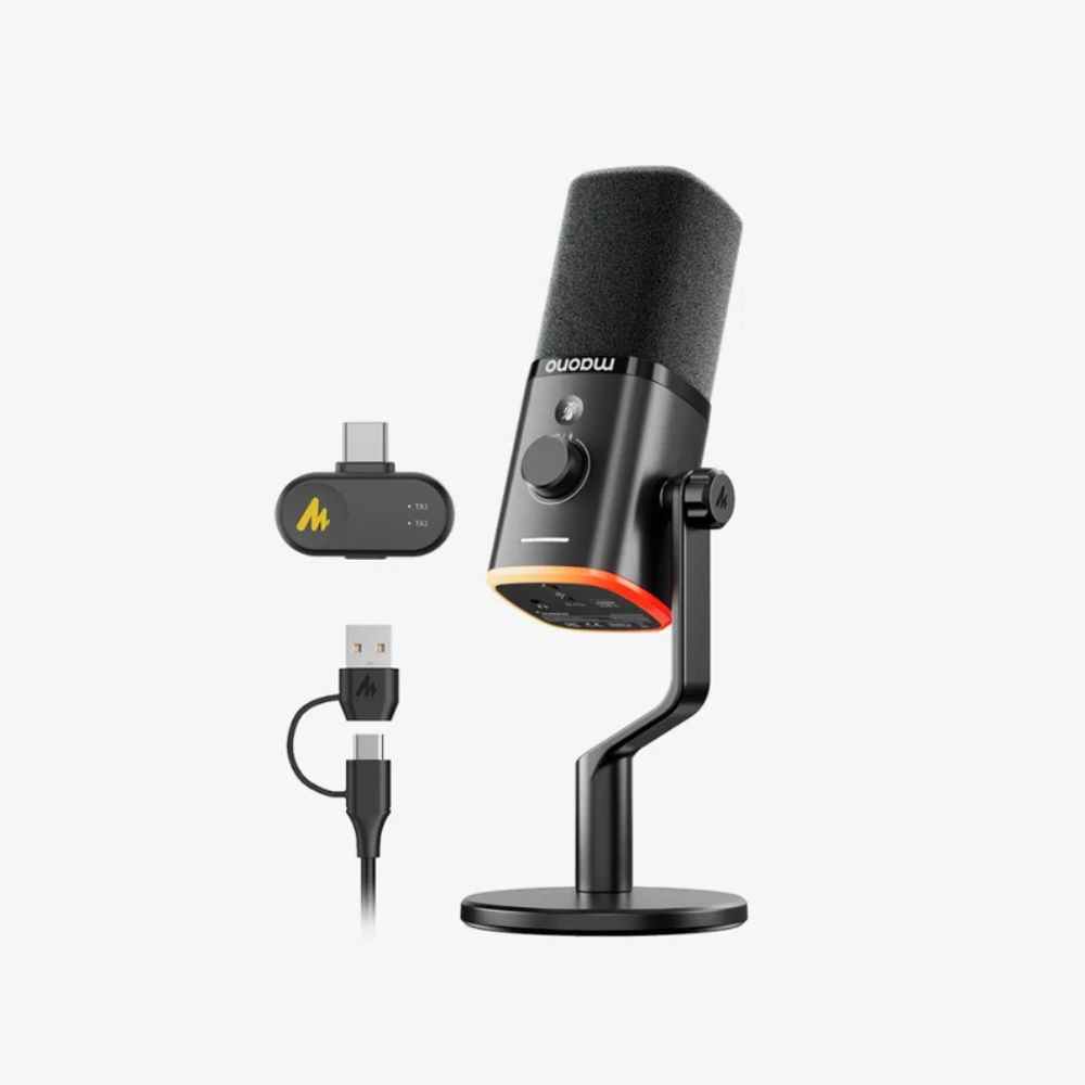 Micrófono dinámico inalámbrico MAONO PD100WT con base de soporte