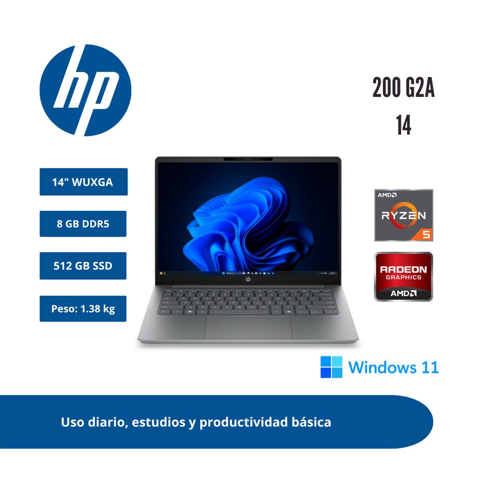 LAPTOP HP 200 G2A 14 WUXGA IPS RYZEN 5 220 8GB DDR5 512GB SSD WINDOWS 11 PRO