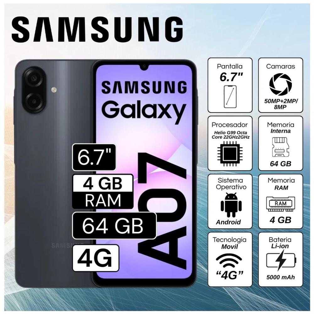 Celular Samsung Galaxy A07 4GB RAM 64GB Cámara principal 50MP - 2MP 6.7Pulg. HD - Negro