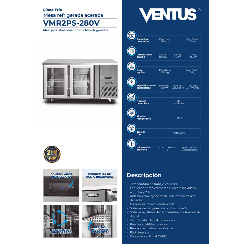Meson refrigerado 2 puertas de vidrio VMR2PS-280V