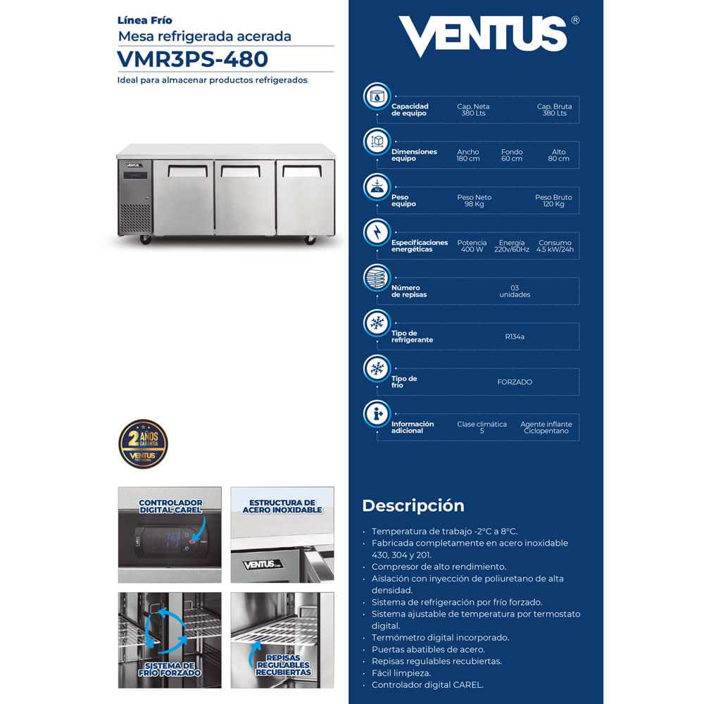 Mesón Refrigerado 3 ptas Acero Inox. VMR3PS-480