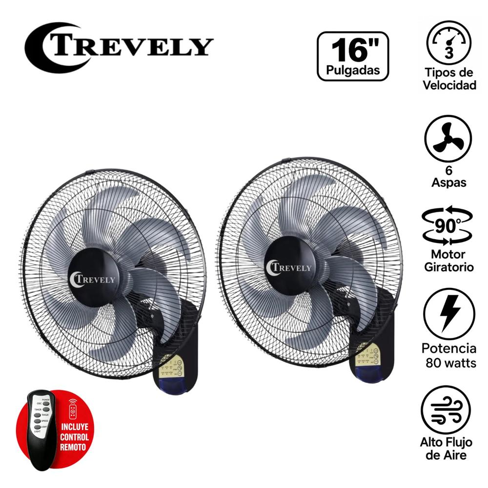 Pack 02 Ventilador de Pared Trevely VT-164 de 16' 80w Control Remoto