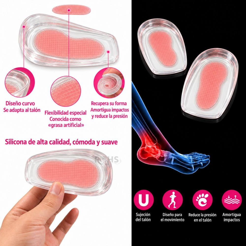 Plantillas Taloneras De Silicona Rosado Con Gel Para Talón Absorción De Impactos 2 Unidades