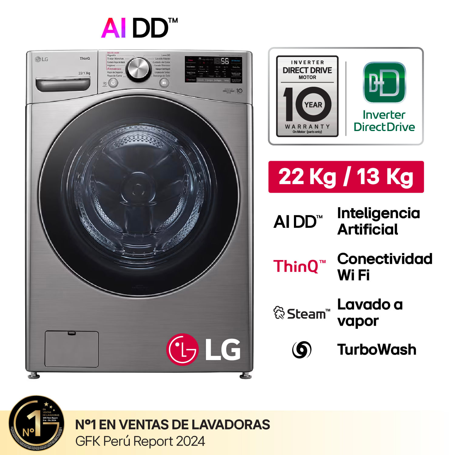 Lavaseca LG WD22VV2S6R 22/13Kg Inteligencia Artificial Plateado