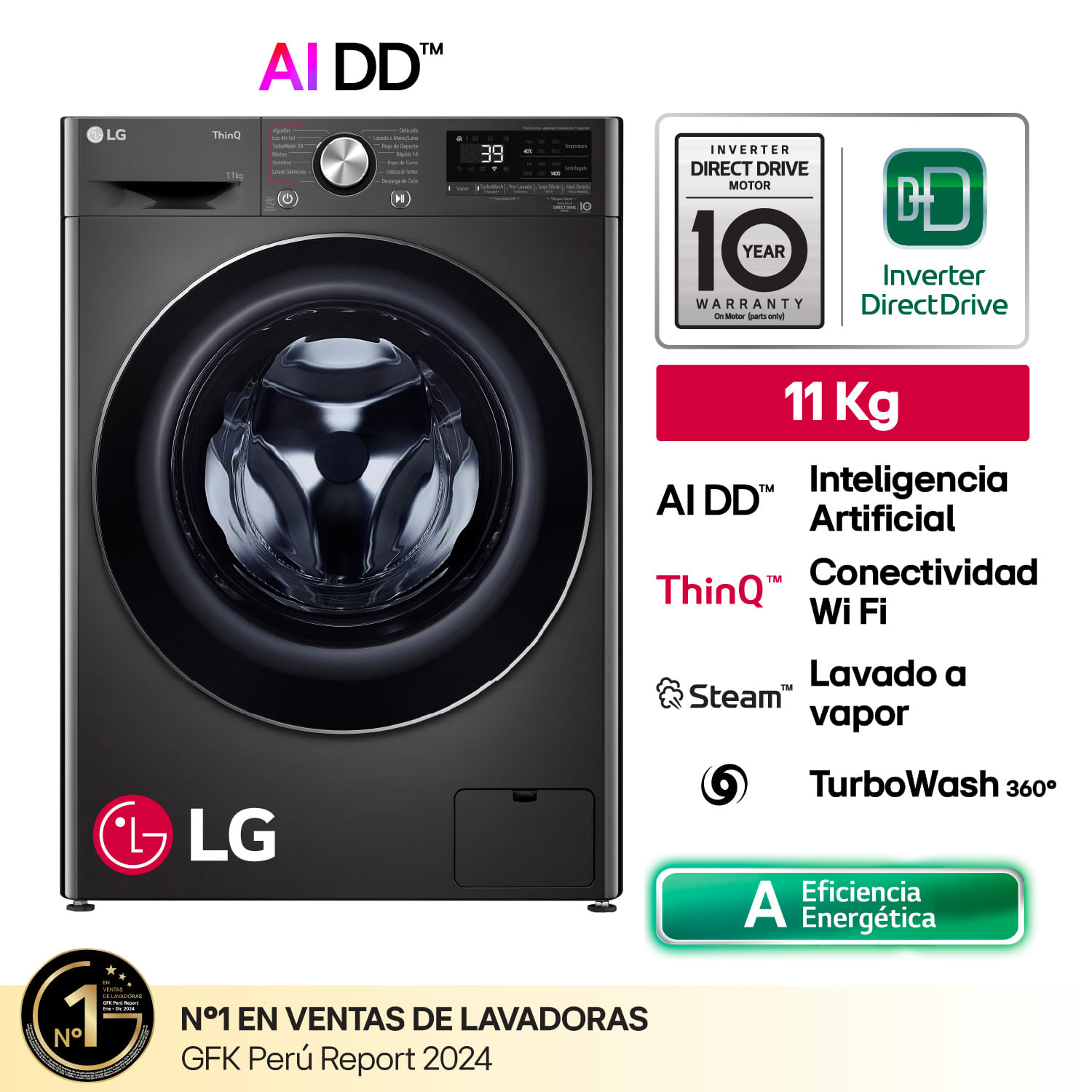 Lavadora LG Carga Frontal 11Kg Negro Modelo WM11BVC3S6