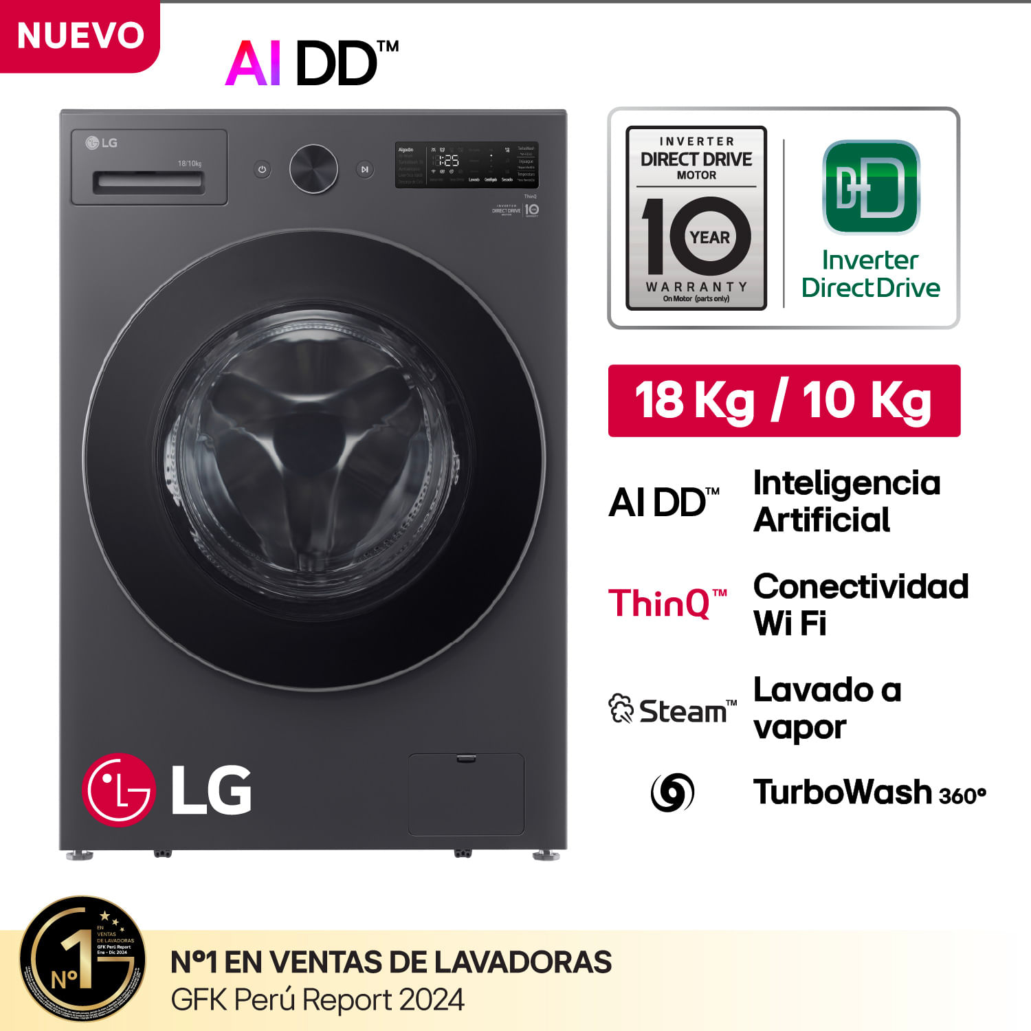 Lavaseca LG WD18EGNTSPG 18/10 Kg Inteligencia Artificial Grafito
