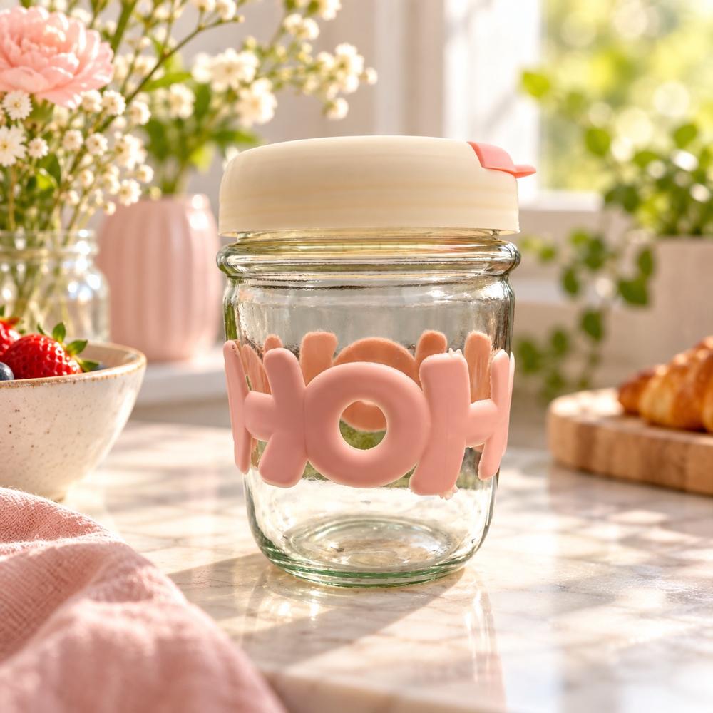 Vaso Cute HoHo- Vaso de Vidrio con Tapa y Sorbete 400ML