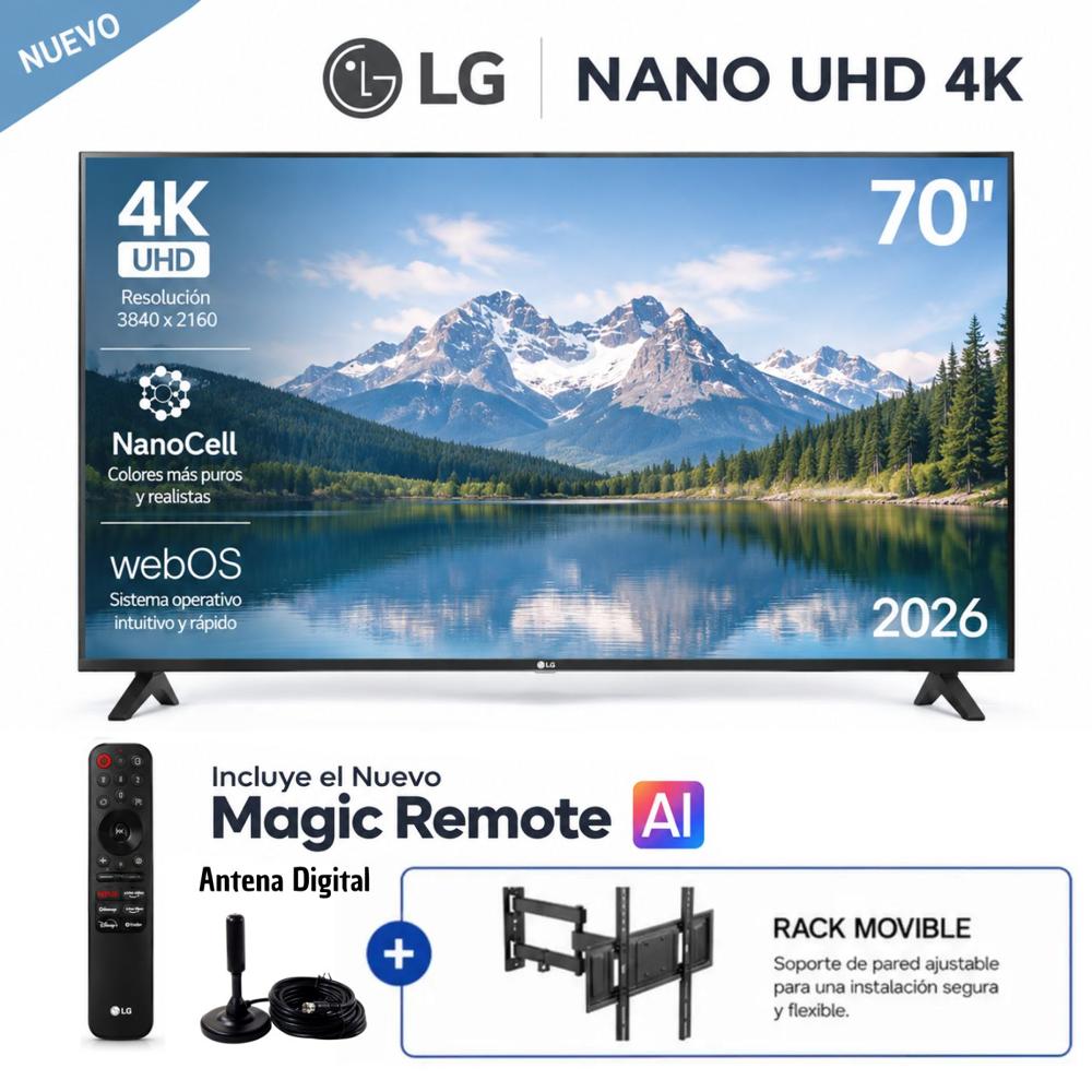 Televisor LG 70 NANO 4K UHD AI Smart TV 70NU850BPSD 2026 con Antena Digital y Rack Movible