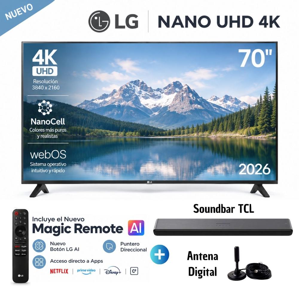 Televisor LG 70 NANO 4K UHD AI Smart TV 70NU850BPSD 2026 con Soundbar TCL y Antena Digital