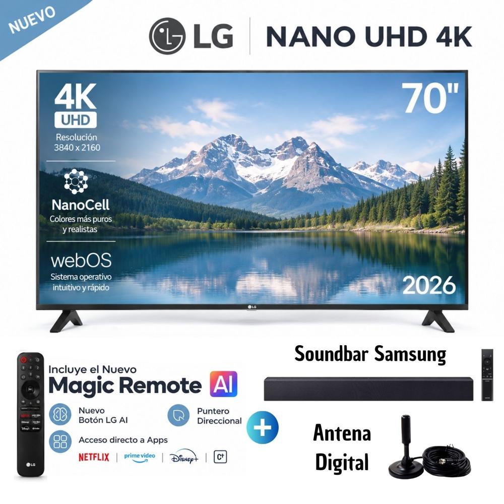 Televisor LG 70 NANO 4K UHD AI Smart TV 70NU850BPSD 2026 con Soundbar Samsung y Antena Digital