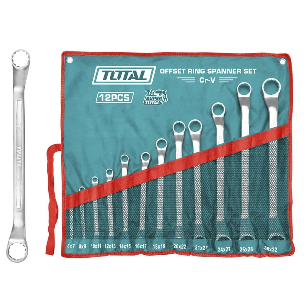 Juego de Llaves Doble Corona Acodadas 12 Piezas TOTAL 6-32mm Acero Cr-V con Estuche de Lona