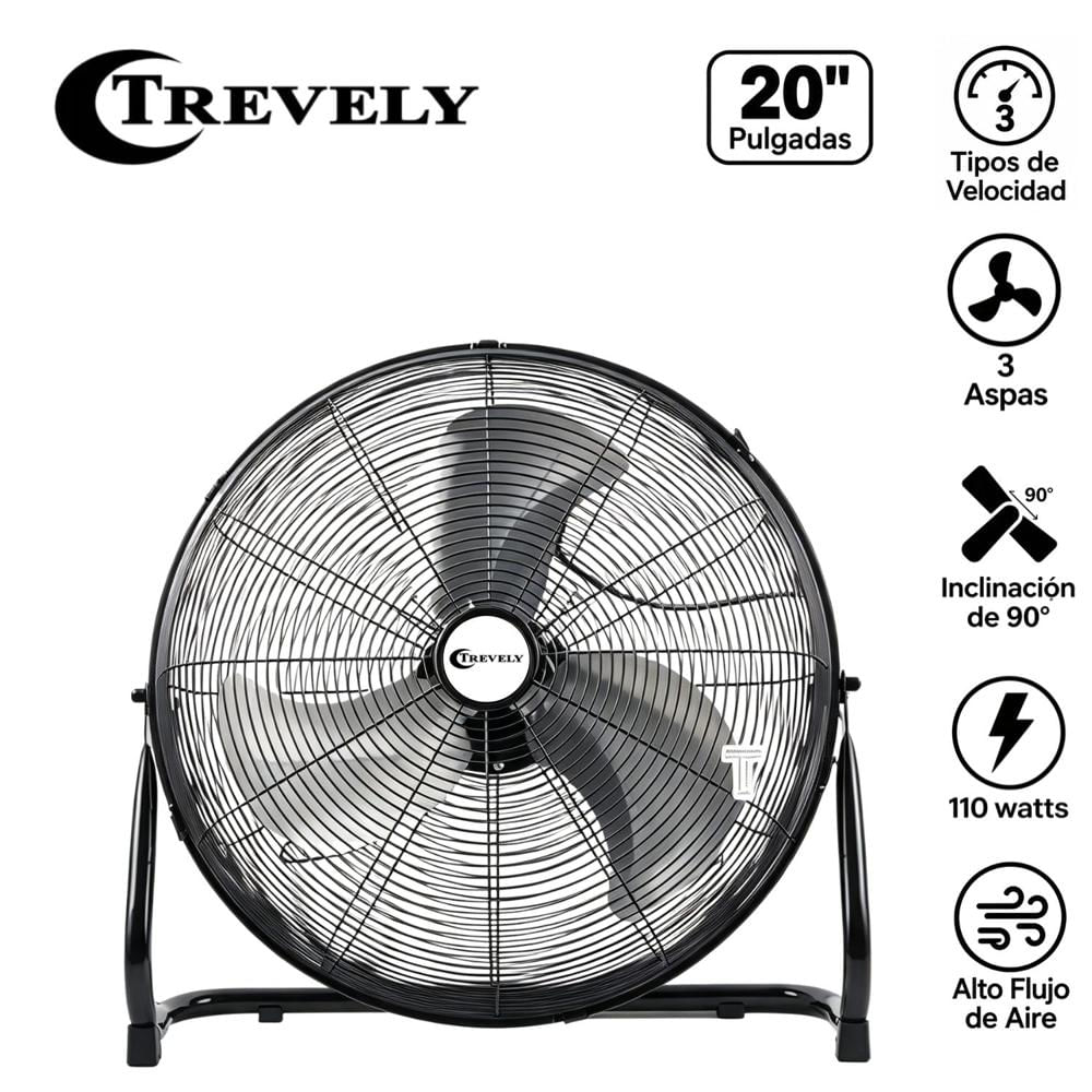 Ventilador Industrial de Piso Trevely VT-20 20 110 Watts 3 Velocidades Negro