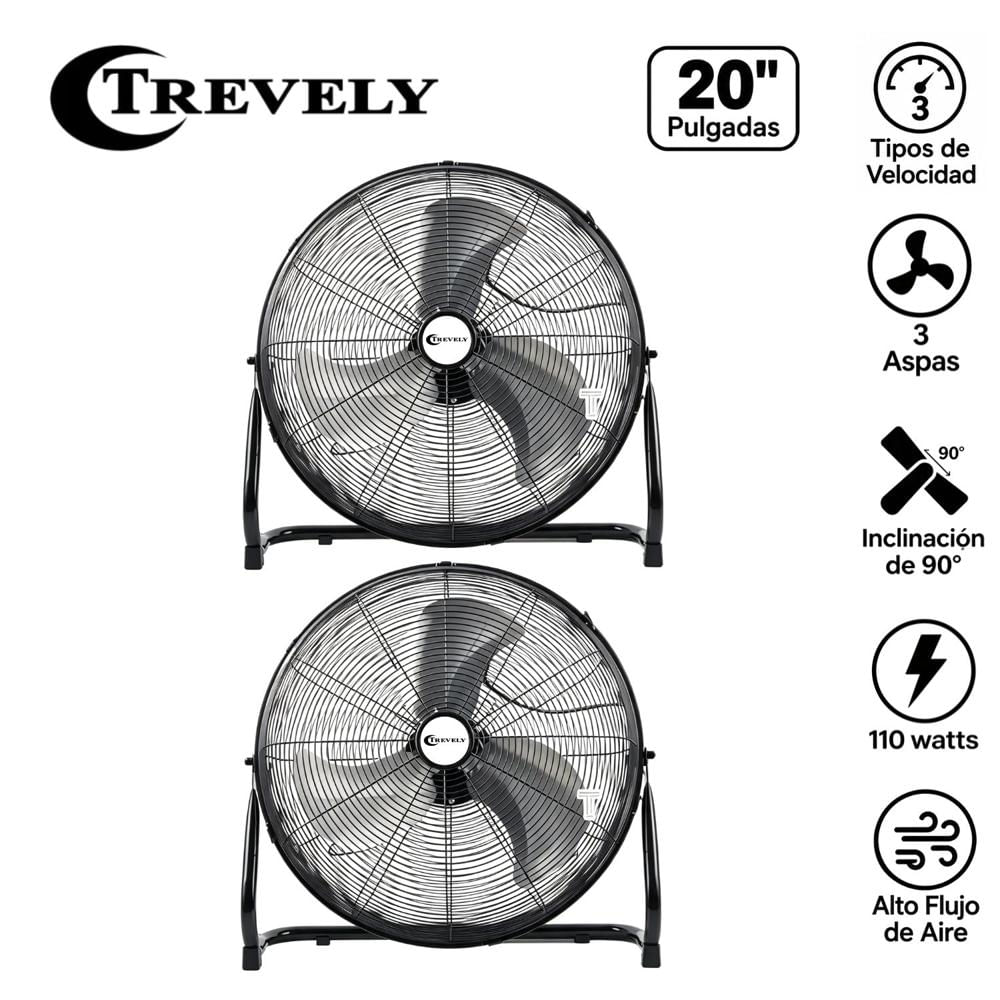 Pack 02 Ventiladores Industrial de Piso Trevely VT-20 20 135 Watts 3 Velocidades Negro