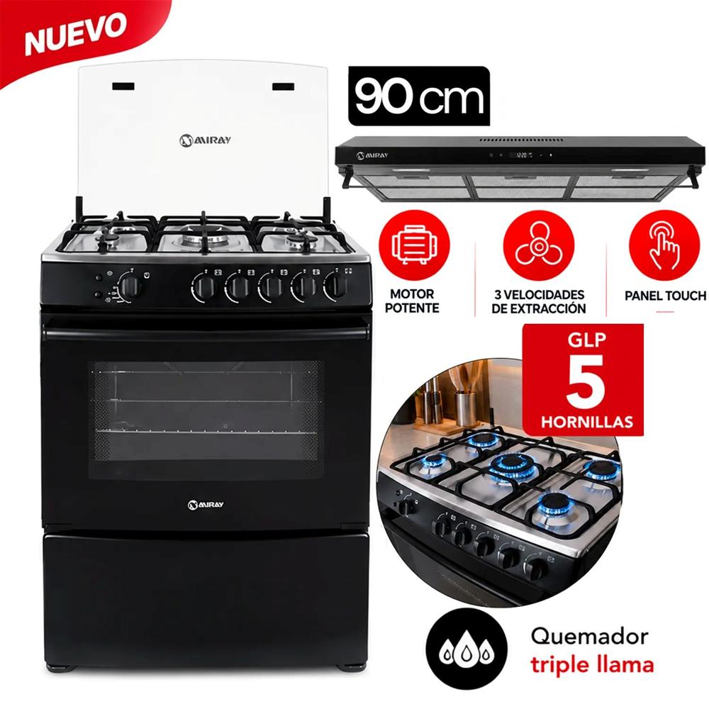 COMBO Cocina a Gas GIRASOL PLUS GLP 5 Hornillas +Campana 90cm Inox CEM-906A