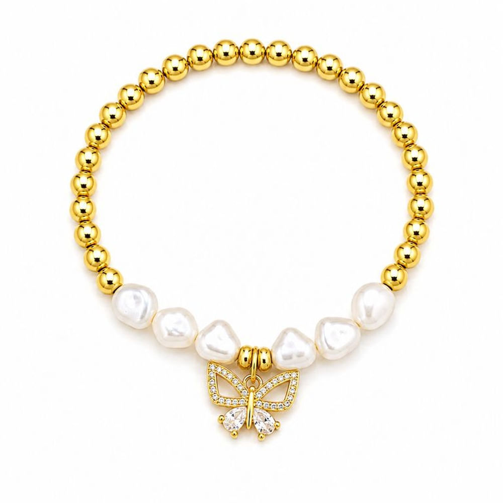 Pulsera Mariposa Perlas Doradas de acero enchapado en oro de 18k