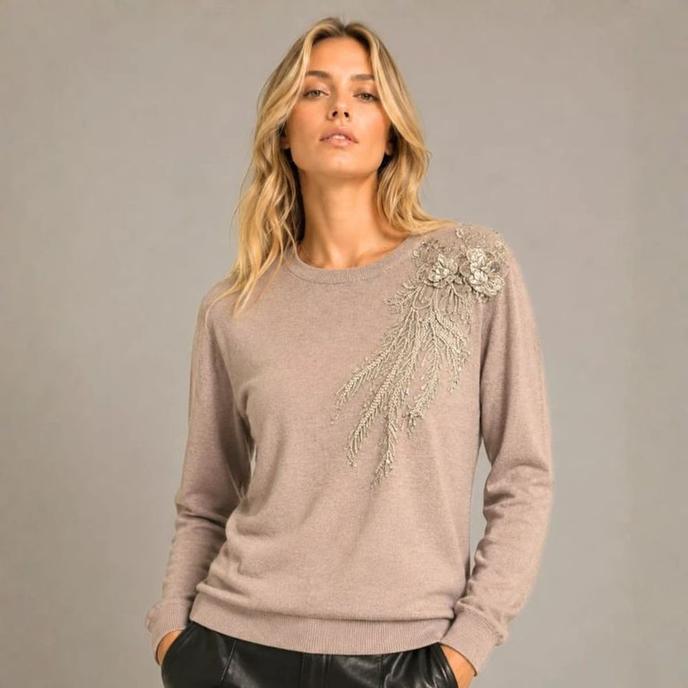 Chompa Mujer Cuello Redondo con Diseñor Bordado de Flores - 