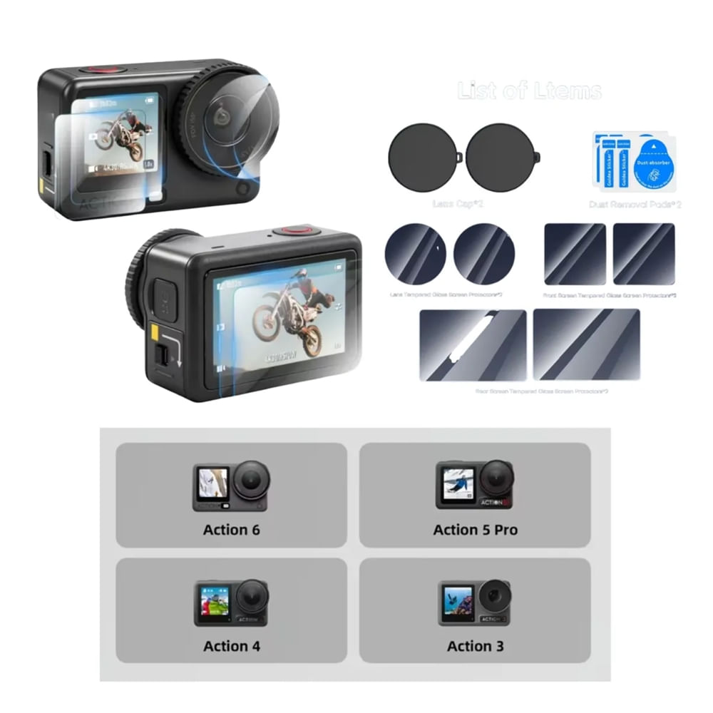 Protector de Pantalla Para Action 6 - 5Pro - 4 - 3 - Kit 8 Piezas