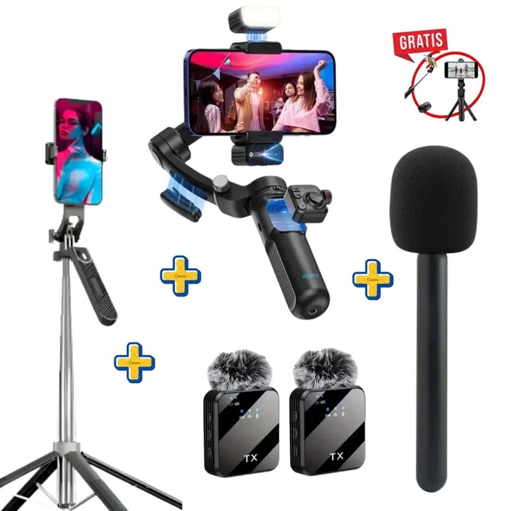 Combo Gimbal IA M03 + Micrófonos Dual F11-2 + Adaptador Entrevista + Trípode 180cm