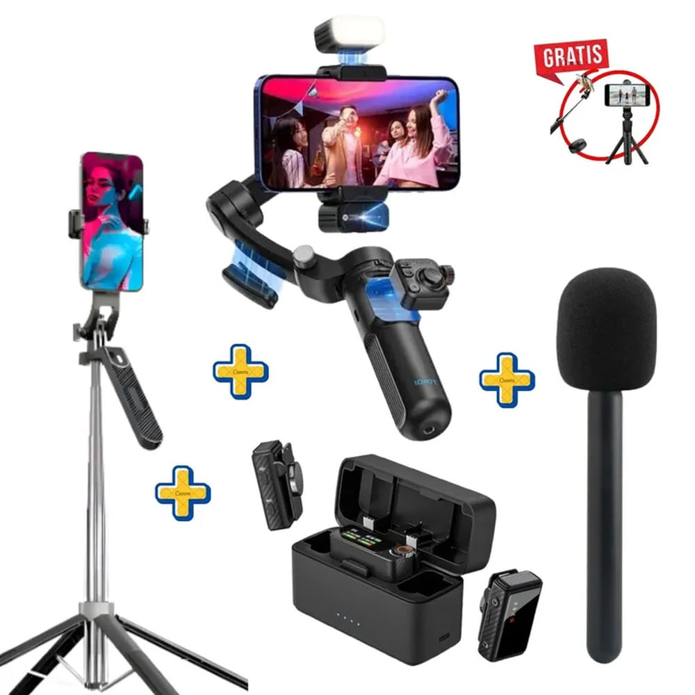 Combo Gimbal IA + Micrófono M15 PRO MAX + Adaptador Entrevista + Trípode 180cm