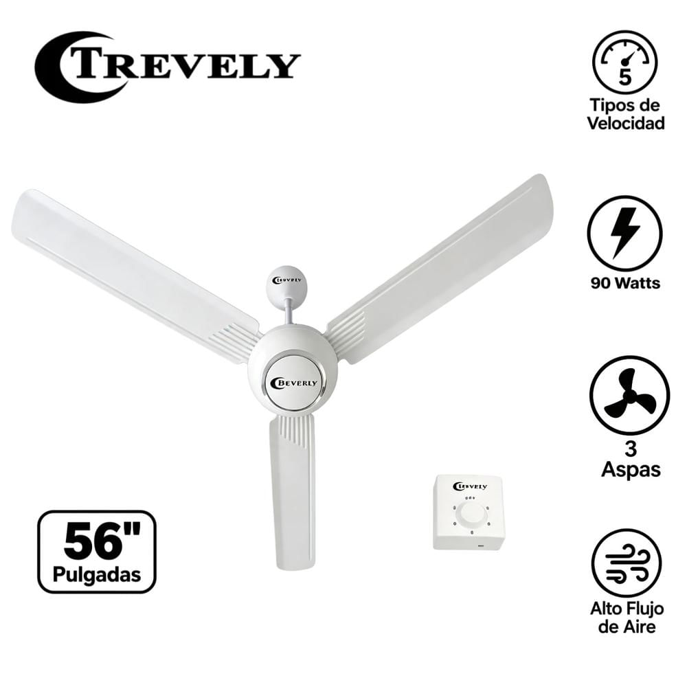 Pack 03 Ventiladores de Techo Trevely VT-5680 56 Pulgadas 90W 5 Velocidades Blanco
