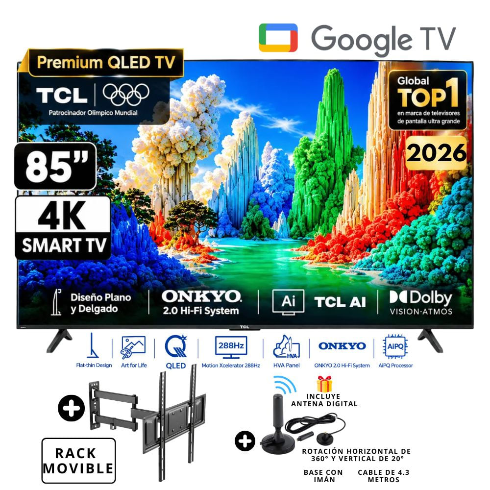 Televisor TCL 85 Qled Premium Ultra HD 4k Google TV 85A400 - Rack Movible