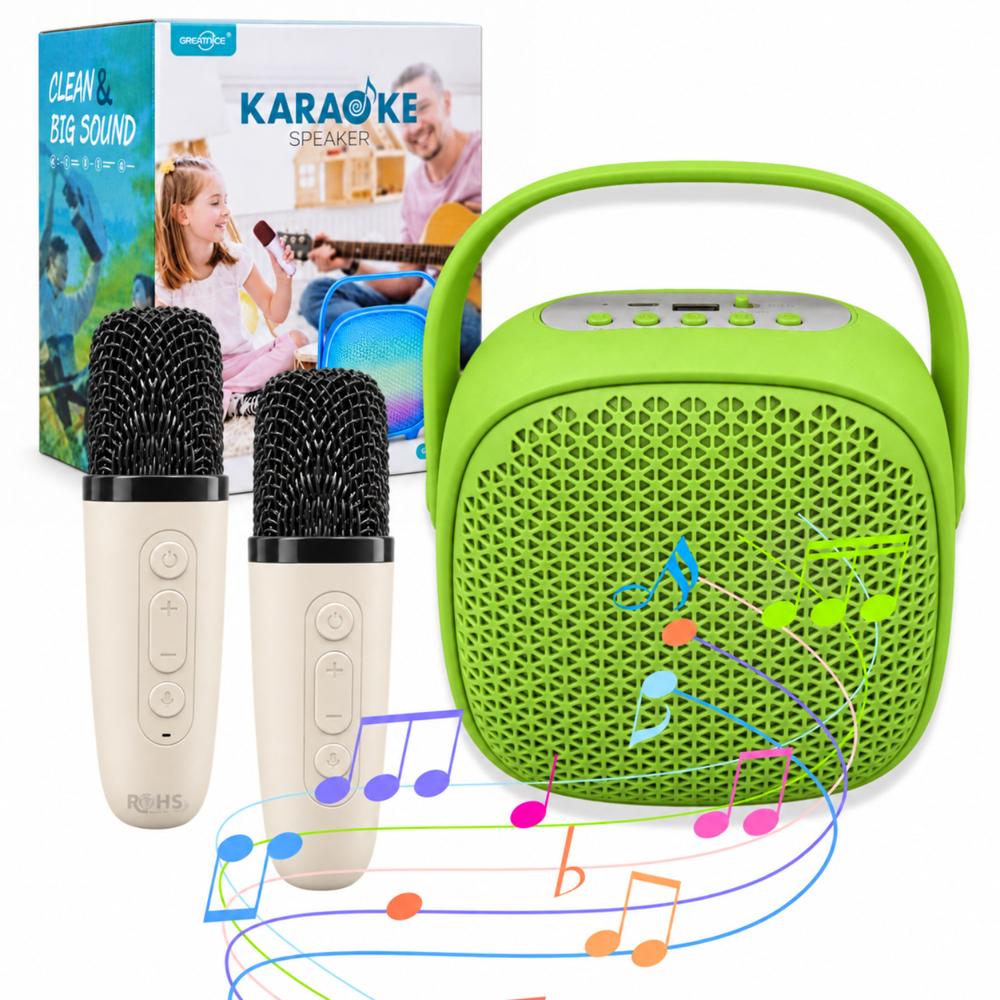 Parlante Karaoke Verde Con 2 Micrófonos Inalámbricos Portátil Para Niños Y Adultos