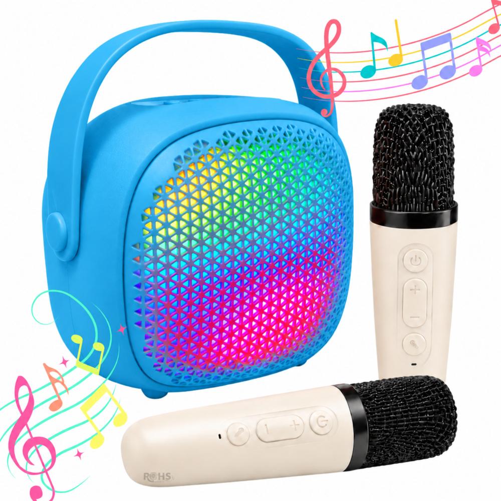Parlante Karaoke Celeste Portátil Con 2 Micrófonos Inalámbricos Y Luces LED USB