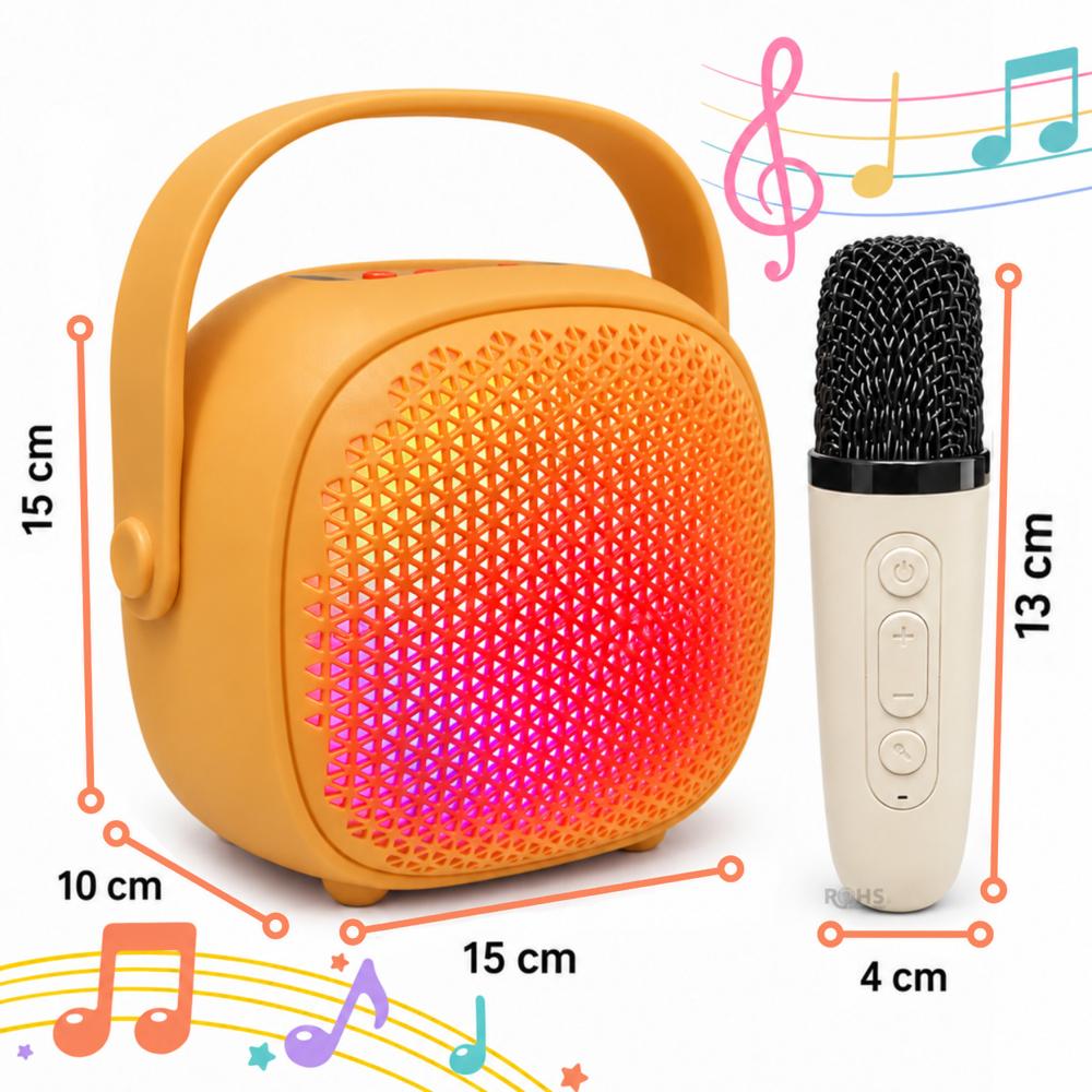 Parlante Karaoke Amarillo Portátil Con 2 Micrófonos Inalámbricos Luces LED USB