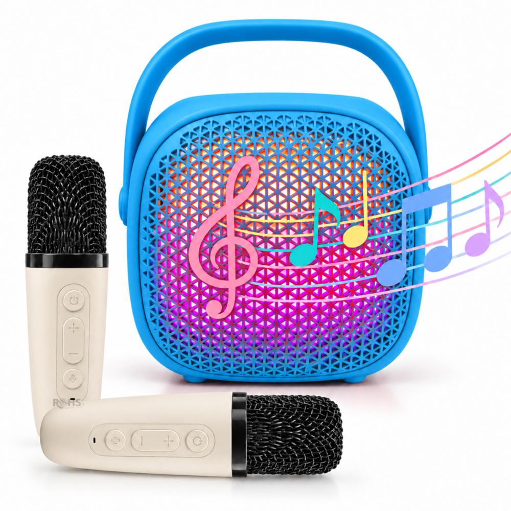 Parlante Karaoke Celeste Con 2 Micrófonos Inalámbricos Portátil Para Niños Y Adultos