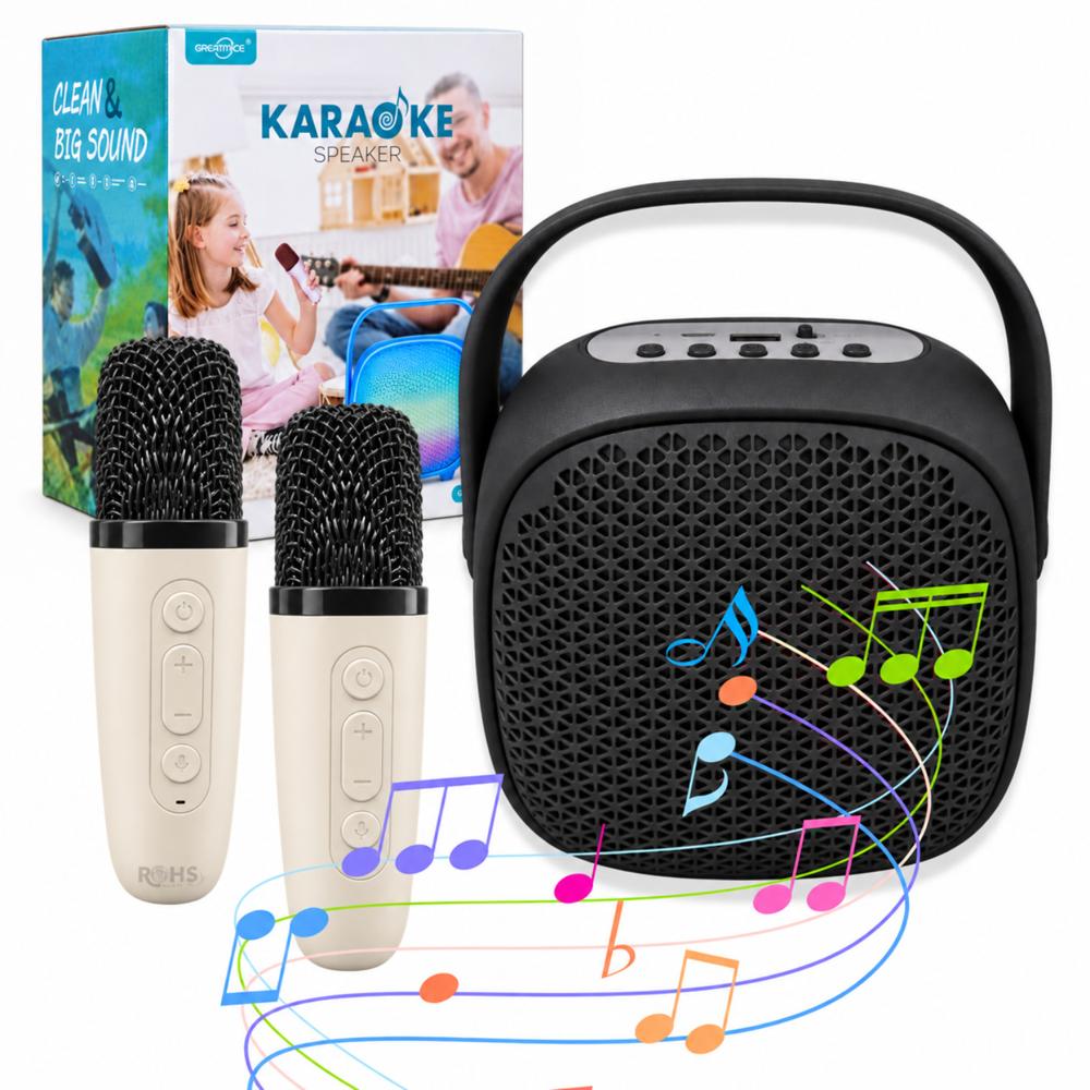 Parlante Karaoke Negro Con 2 Micrófonos Inalámbricos Portátil Para Niños Y Adultos