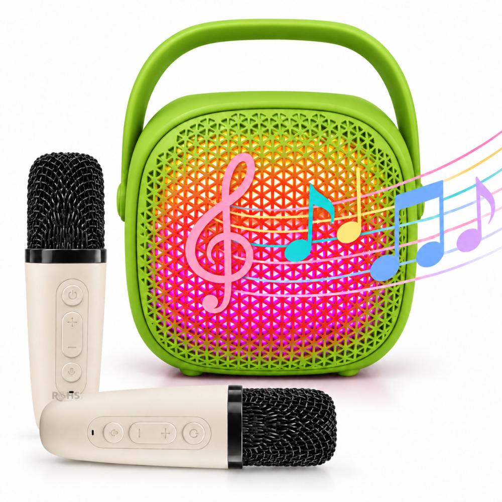 Parlante Karaoke Verde Con 2 Micrófonos Inalámbricos Portátil Para Niños Y Adultos
