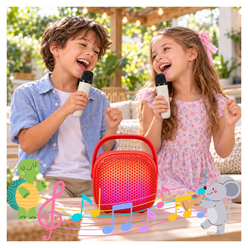Parlante Karaoke Rojo Portátil Con 2 Micrófonos Inalámbricos Luces LED USB