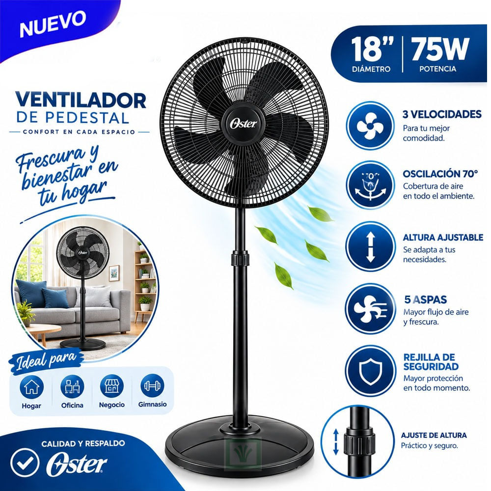Ventilador Oster de Pedestal 18 pulgadas 75 Watts 3 Velocidades EOSVELIST1631