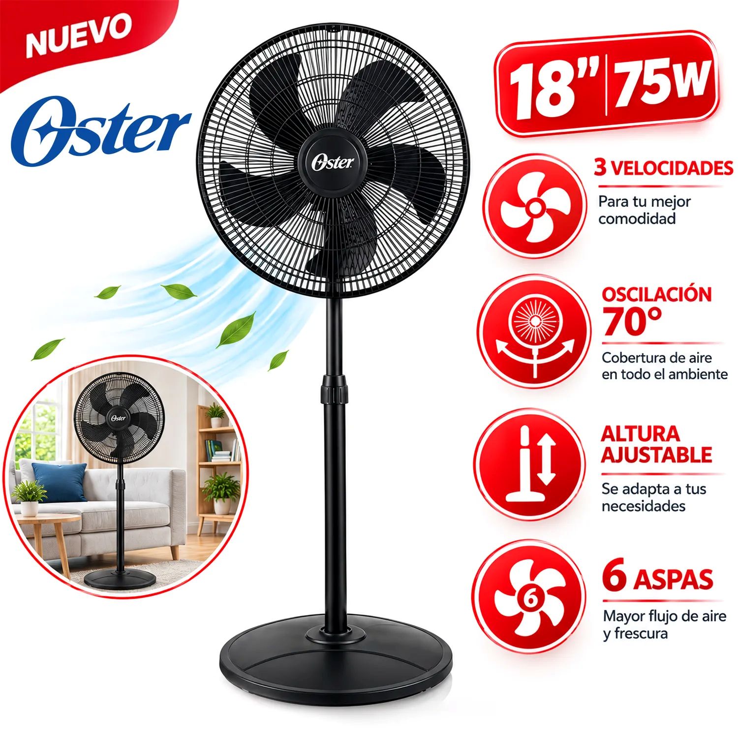Ventilador Oster de Pedestal 75 Watts 3 Velocidades EOSVELIST1631