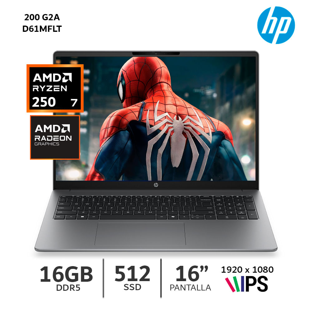 Laptop Hp 200 G2A Ryzen 7 250 Ram 16 Gb DDR5 5600 Ssd 512 Gb  16 WUXGA  D61MFLT