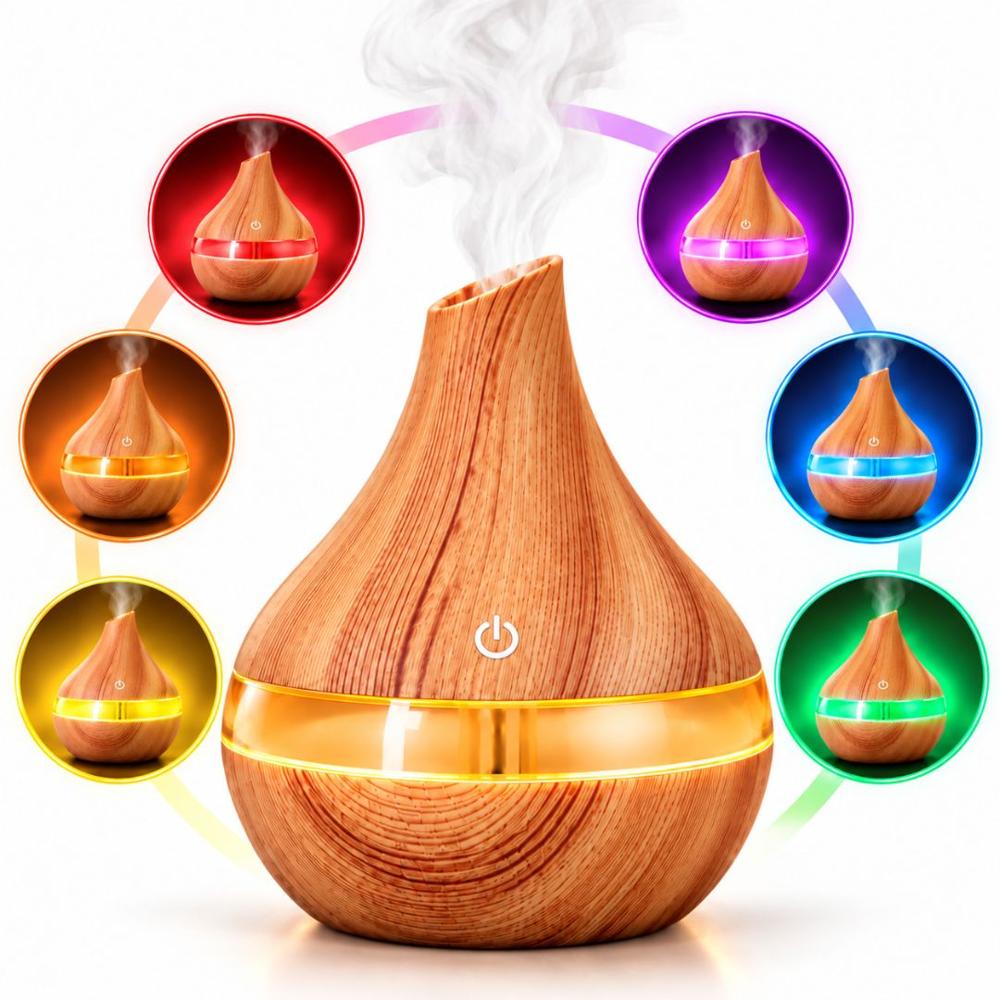 Humidificador Difusor de Aceite 300 ml con Luz LED 7 Colores Recargable