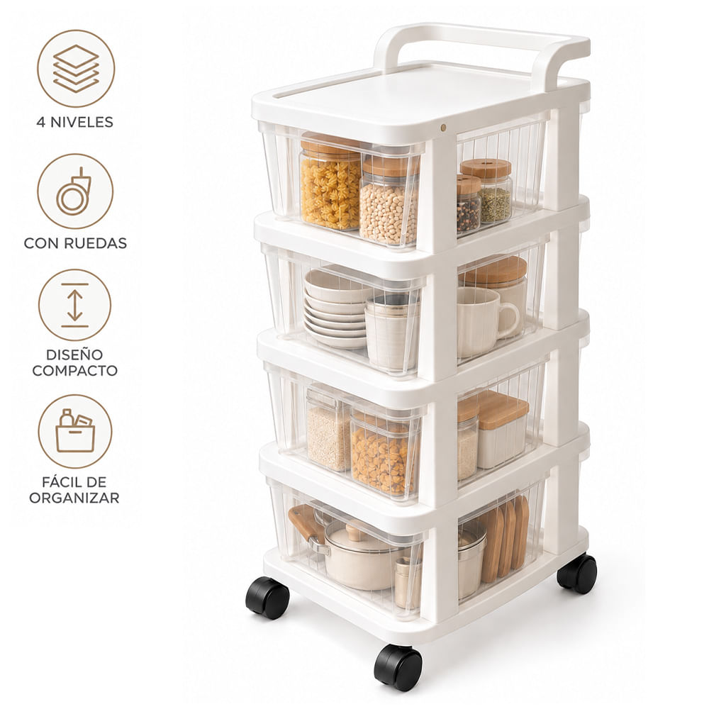 Carrito Organizador Multiuso 4 Niveles con Cajones y Ruedas 360 para Cocina KH4