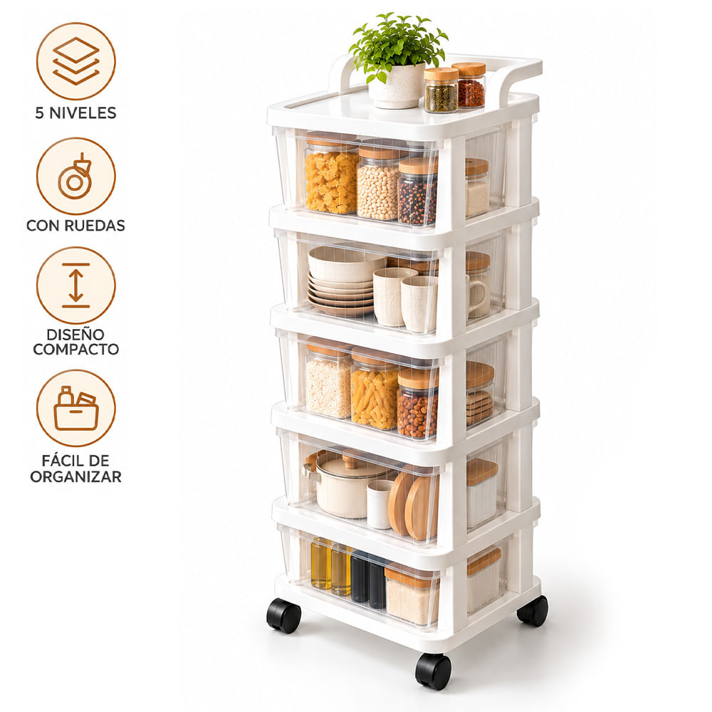 Carrito Organizador Multiuso 5 Niveles con Cajones y Ruedas 360 para Cocina KH5