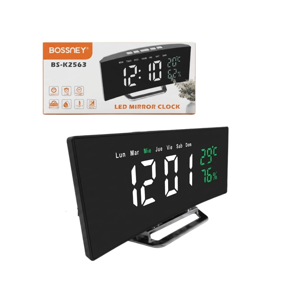 Reloj Digital para Escritorio con Alarma Formato Día y Fecha Pantalla LCD  Bossney BS-K2563