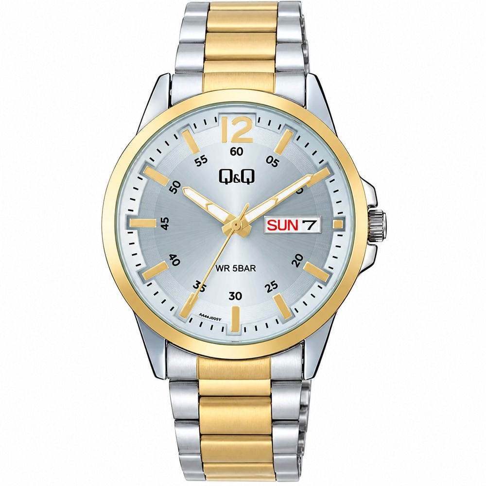 Reloj QyQ A36A-005PY Hombre Bicolor 42 mm Esfera Plateada Brazalete Metálico Acuático 5 BAR