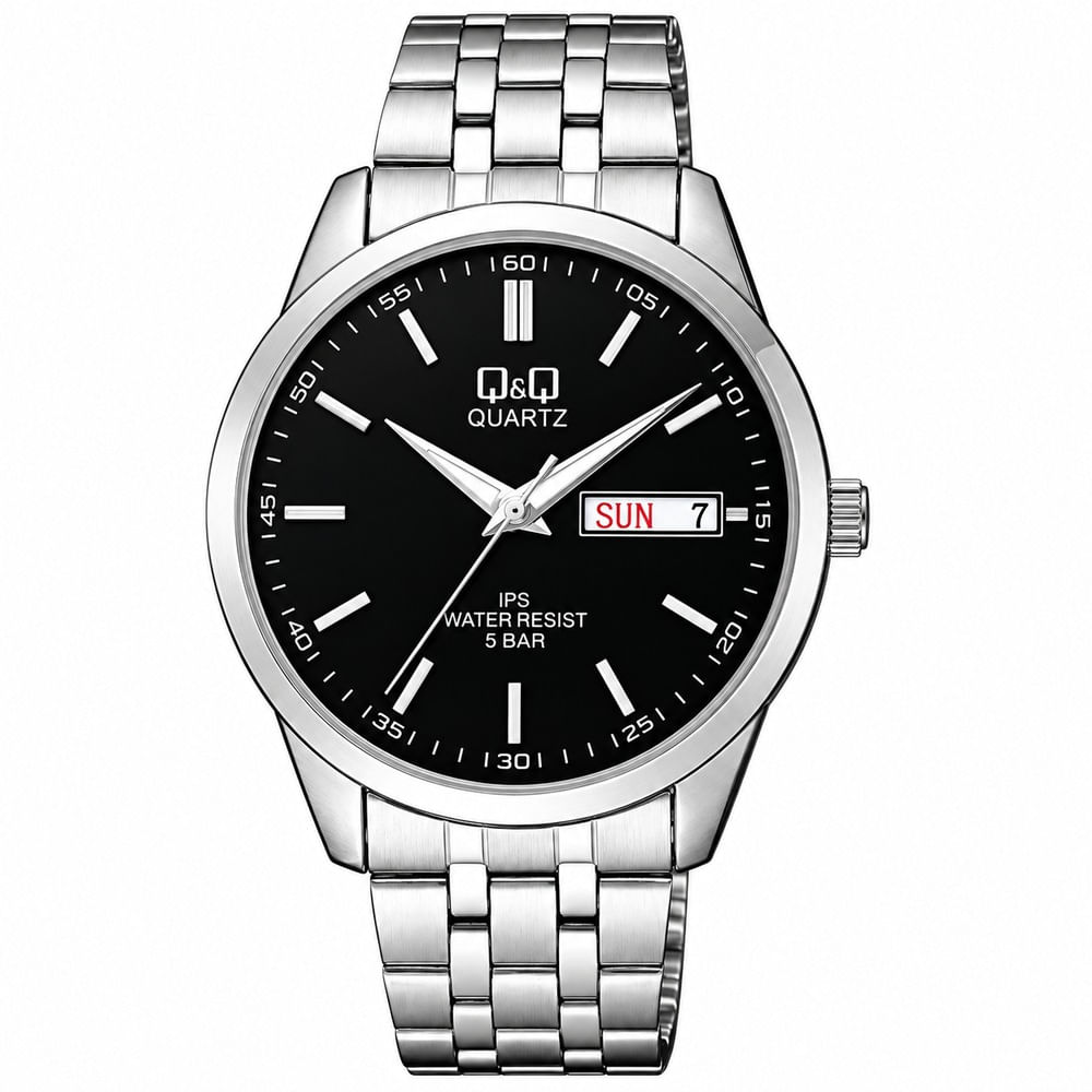 Reloj QyQ CD02J212Y Hombre Plateado 42 mm Esfera Negra Metálico 5 BAR Día y Fecha