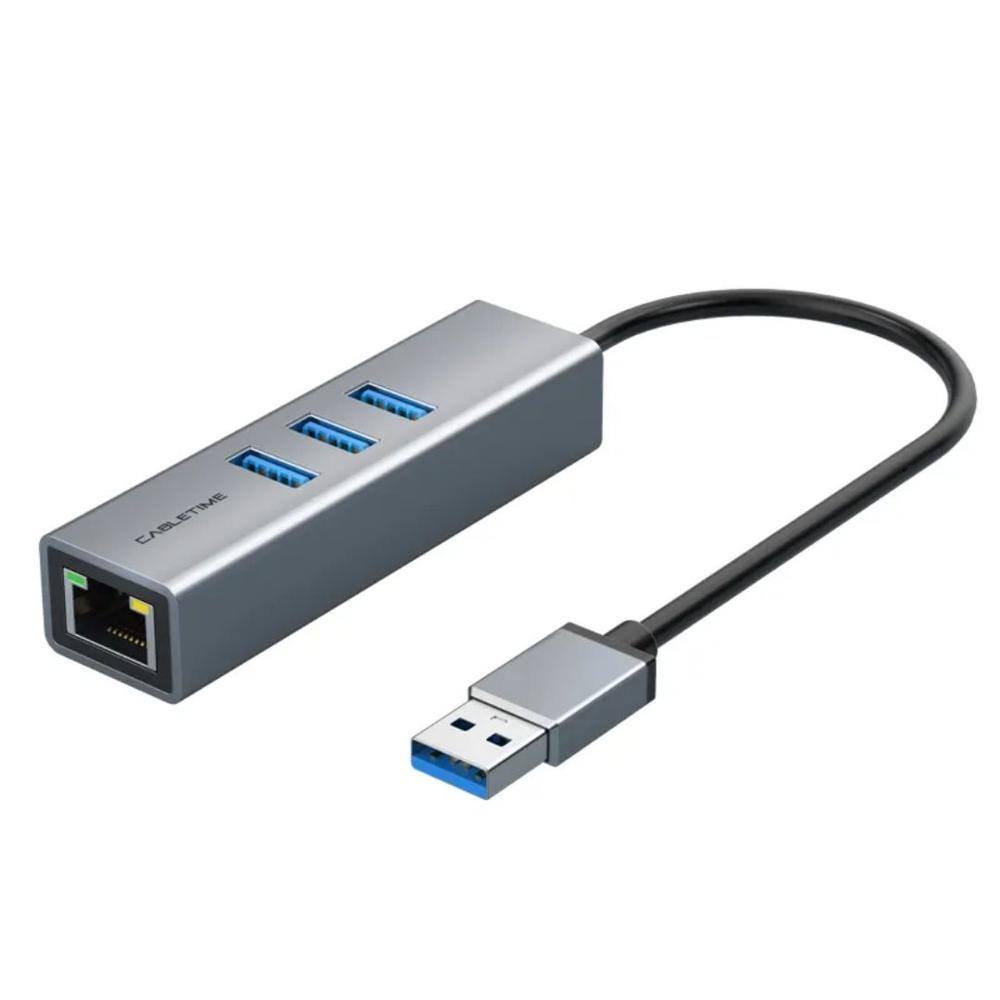 Adaptador Hub de USB-A a puertos USB-A, RJ45 - CABLETIME | CB55G