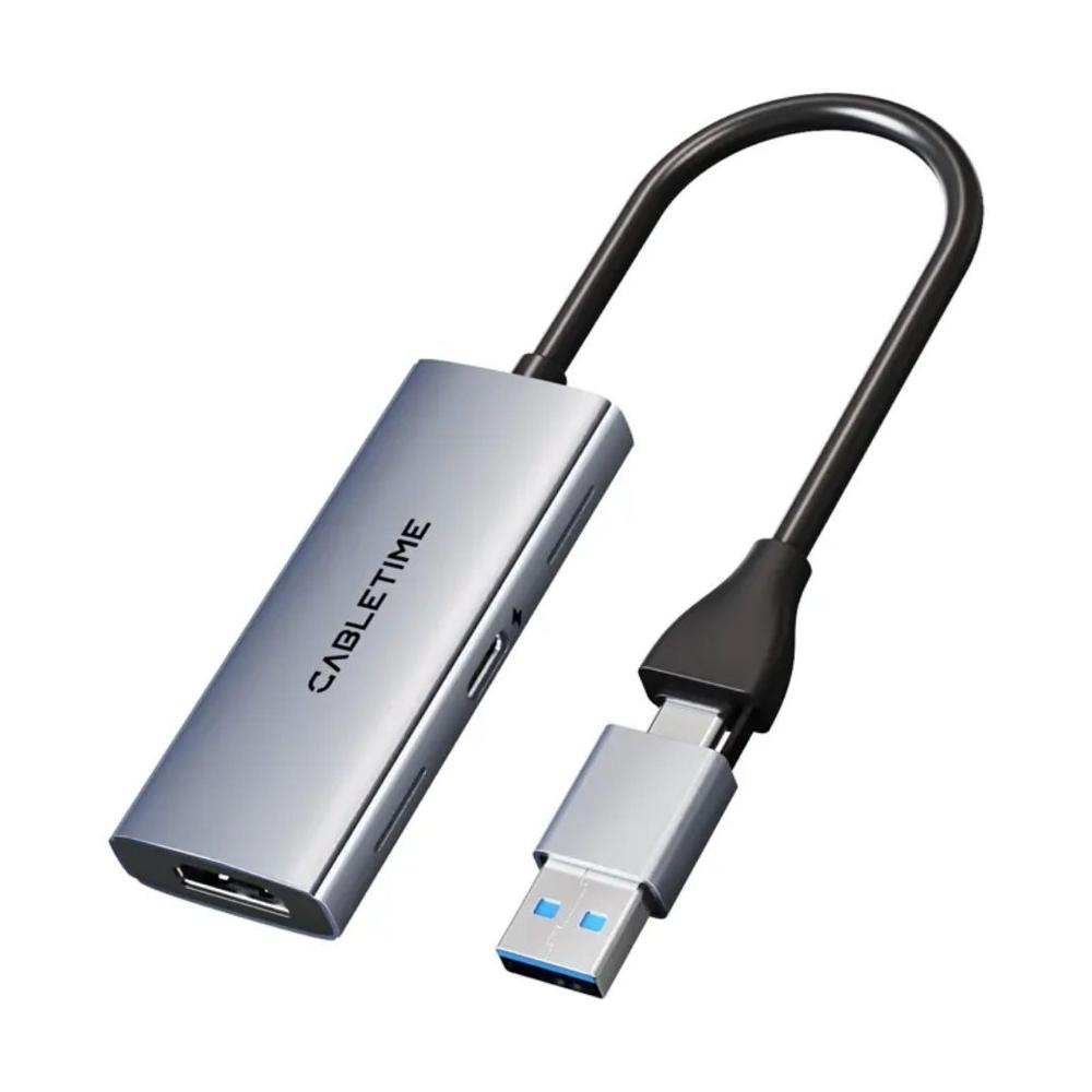 Capturador de video de HDMI hembra con puerto PD 100W a USB-A/USB-C macho - CABLETIME | CB66G