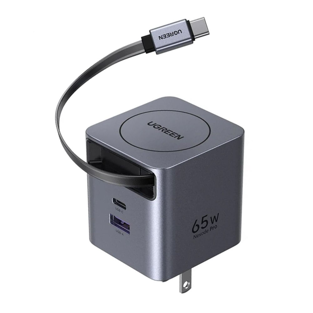 Cargador de Pared UGREEN Nexode Pro 65W GaN Cable USB-C Retráctil 0.7m Dual Port USB-C y USB-A 65824