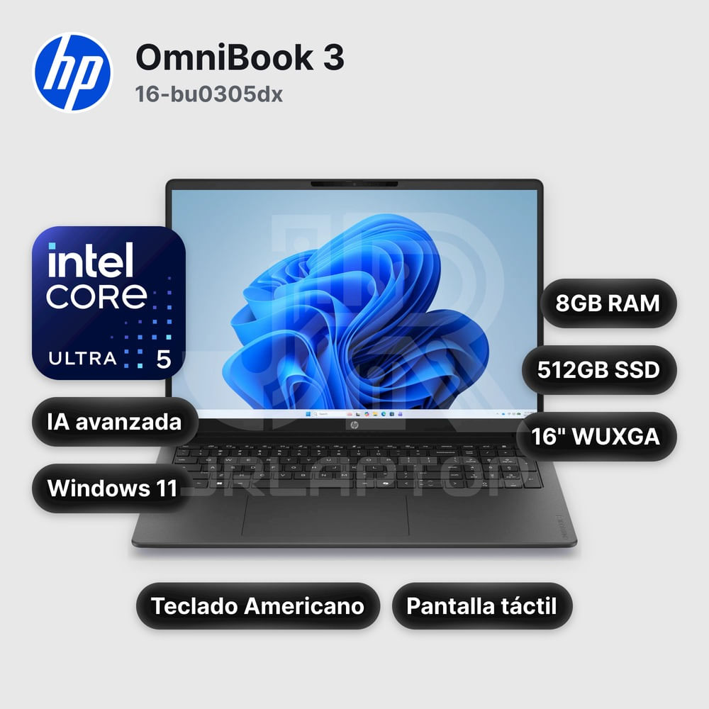 Laptop HP OmniBook 3 16-bu0305dx Core Ultra 5-225U 8GB 512GB SSD 16"" (D7NF1UA#ABA)